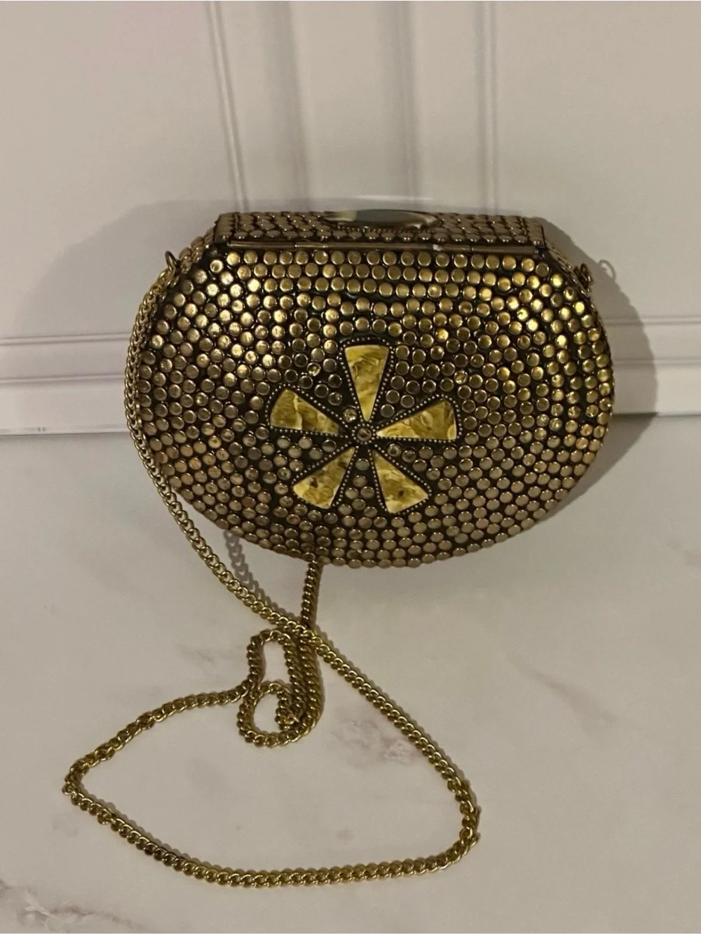 Vintage Brass Mosaic Clutch Boho Hard Case Evening Bag Stones Crossbody
